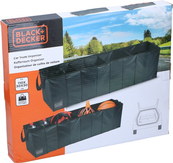 BLACK+DECKER Kofferbak Opbergbox - 110 x 30 x 30 CM - 5 Vakken - Opvouwbaar - Met Handvatten - Zwart