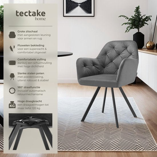 tectake® - Draaistoel in fluweellook - Eetkamerstoel met armleuningen - Ergonomische zitting en rugleuning - 180 graden draaibaar - Moderne stoel met stalen poten - Diverse kleuren - Antraciet
