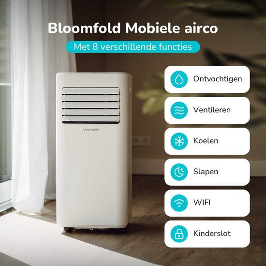 Bloomfold Mobiele Airco - 9.000 BTU - 4-in-1 - Airconditioning met Raamafdichtingskits - Slaapkamer airconditioning - Woonkamer airconditioning - tot 25m² koelen - Wifi modus & App
