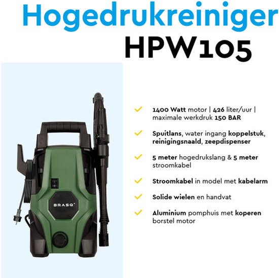 BRASQ Hogedrukreiniger HPW 105 - Terrasreiniger - Hogedrukspuit - 1400W - 105 bar - 426 L/H - Complete set