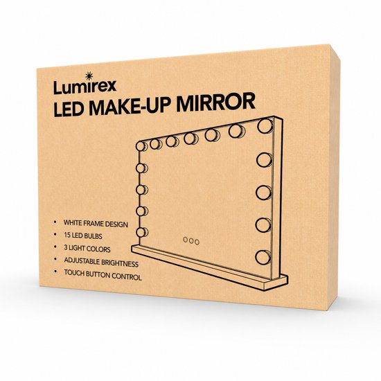 Lumirex Hollywood Spiegel 58x46 cm - Make-up Spiegel met Verlichting - 15 LED Lampen - Dimbaar - 3 Lichtkleuren - Smart Touch - Netstroom - Visagie Spiegel - Wit