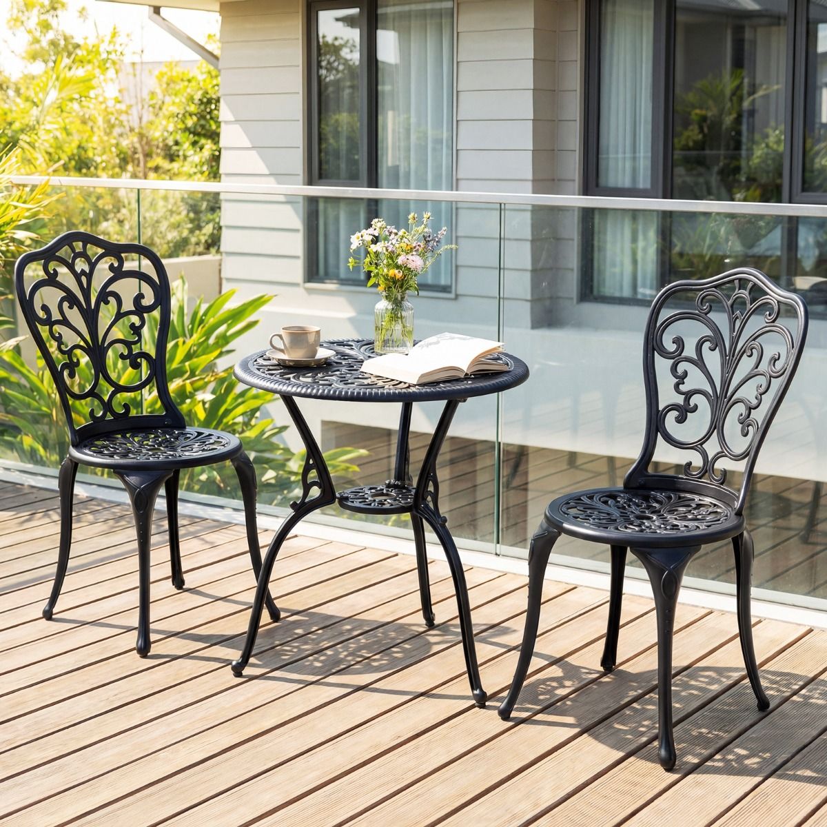Coast 3-delige bistroset - gegoten aluminium - parasolgat - vlinderrugleuningen - zwart