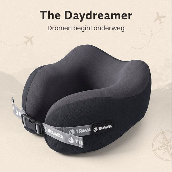 TRAVARA Nekkussen The Daydreamer - Reiskussen met Duo Density Traagschuim - Voor Vliegtuig - Auto Kussen - Memory Foam - Donkergrijs