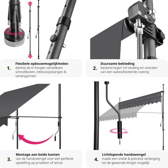 tectake - klemluifel - Zonnescherm – Zonneluifel - Verstelbaar - Klem-zonwering - Zonnescherm Balkon - 300 x 180 cm - zwartgrijs – zonwering - 404965