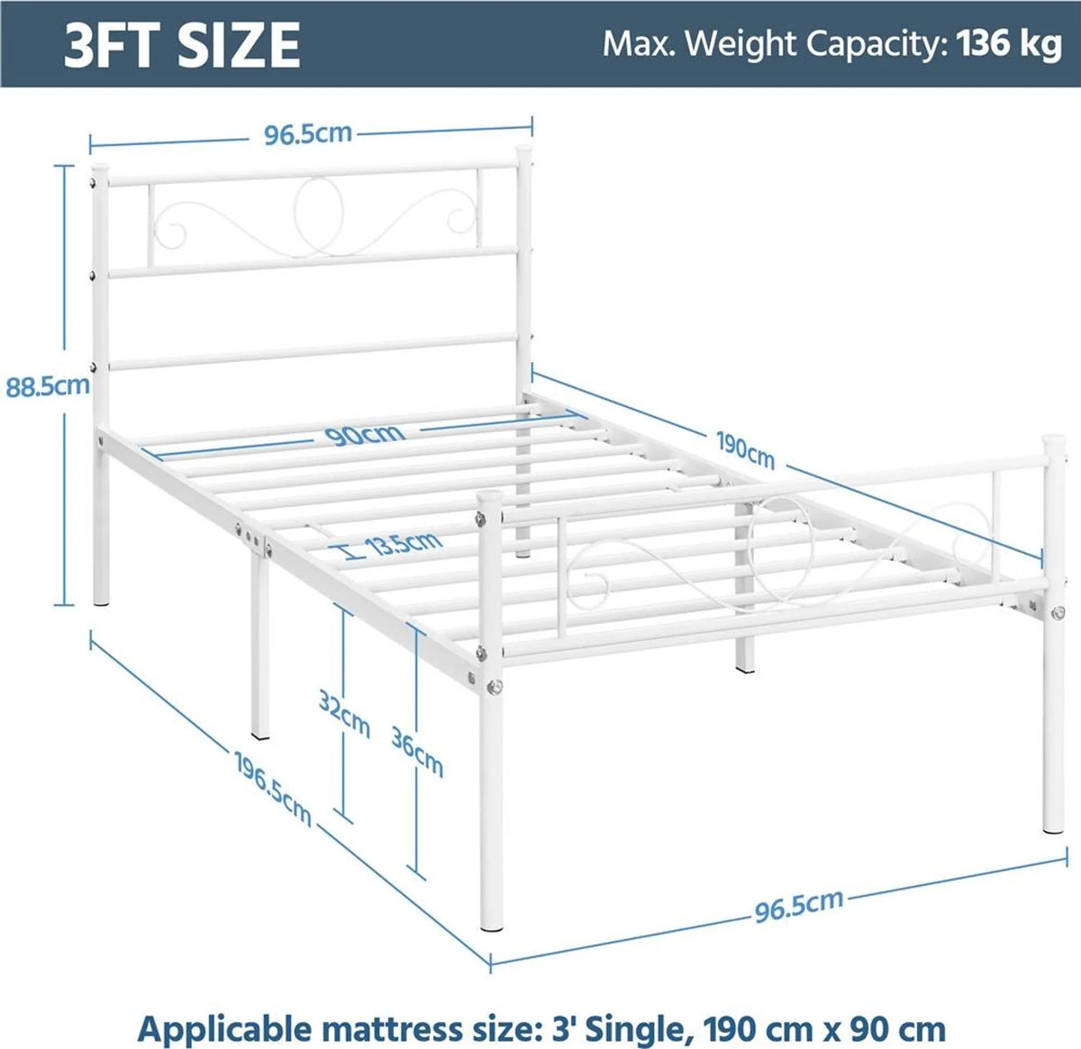Yaheetech Metalen eenpersoonsbed met lattenbodem - 196,5 x 96,5 x 88,5 cm - Wit