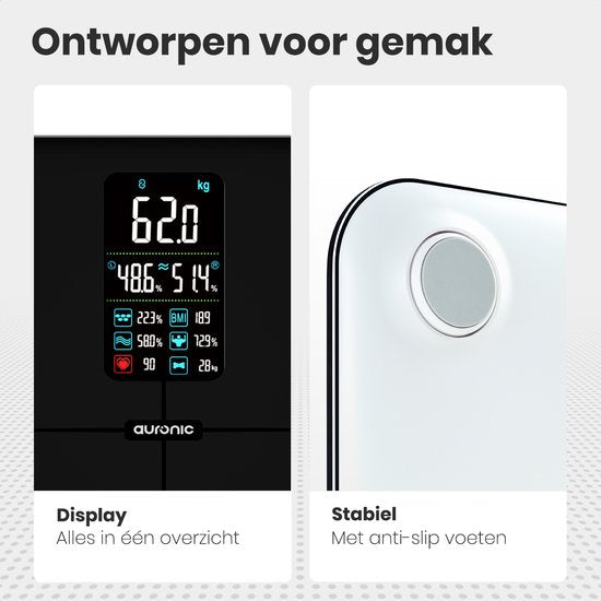 Auronic Personenweegschaal - Lichaamsanalyse & Vetpercentage - Digitaal - 15 Metingen - Zwart