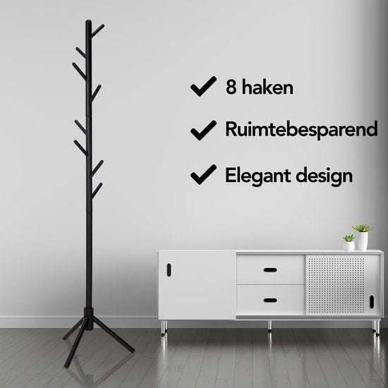 Brixy Kapstok - Staande Kapstok - 8 Haken - 175 cm - Kapstok Hout - Garderoberek - Zwart
