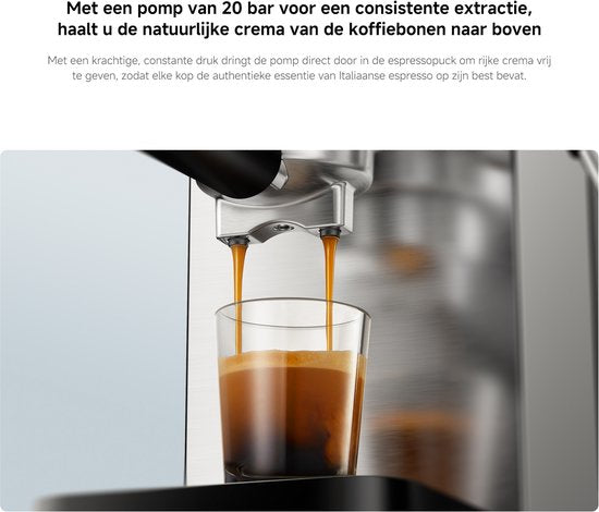 Xiaomi Halfautomatische Espressomachine | Espressomachine | 20 bar pompdruk | 1350W | 0,9L waterreservoir | RVS melkopschuimer | 1 en 2 kops | Compact