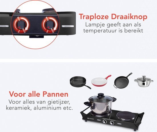 KitchenBrothers Elektrische Kookplaat - 2 Pits - 2500W - Zwart