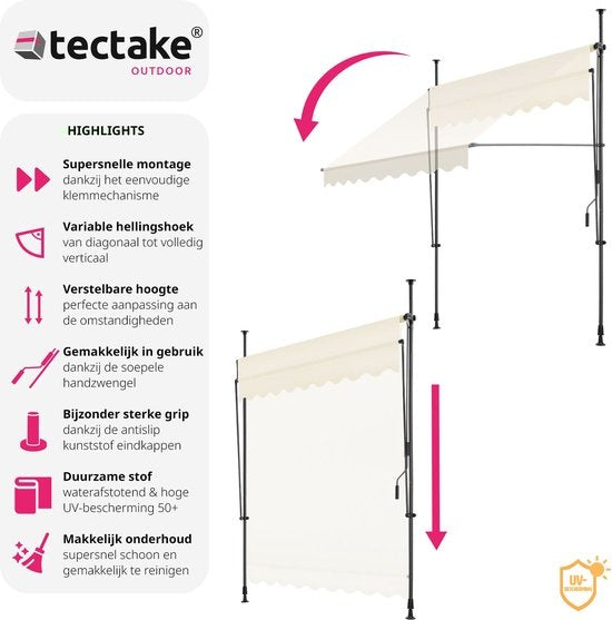 tectake - klemluifel - Zonnescherm – Zonneluifel - Verstelbaar - Klem-zonwering - Zonnescherm Balkon - 200 x 180 cm - beige – zonwering - 404957