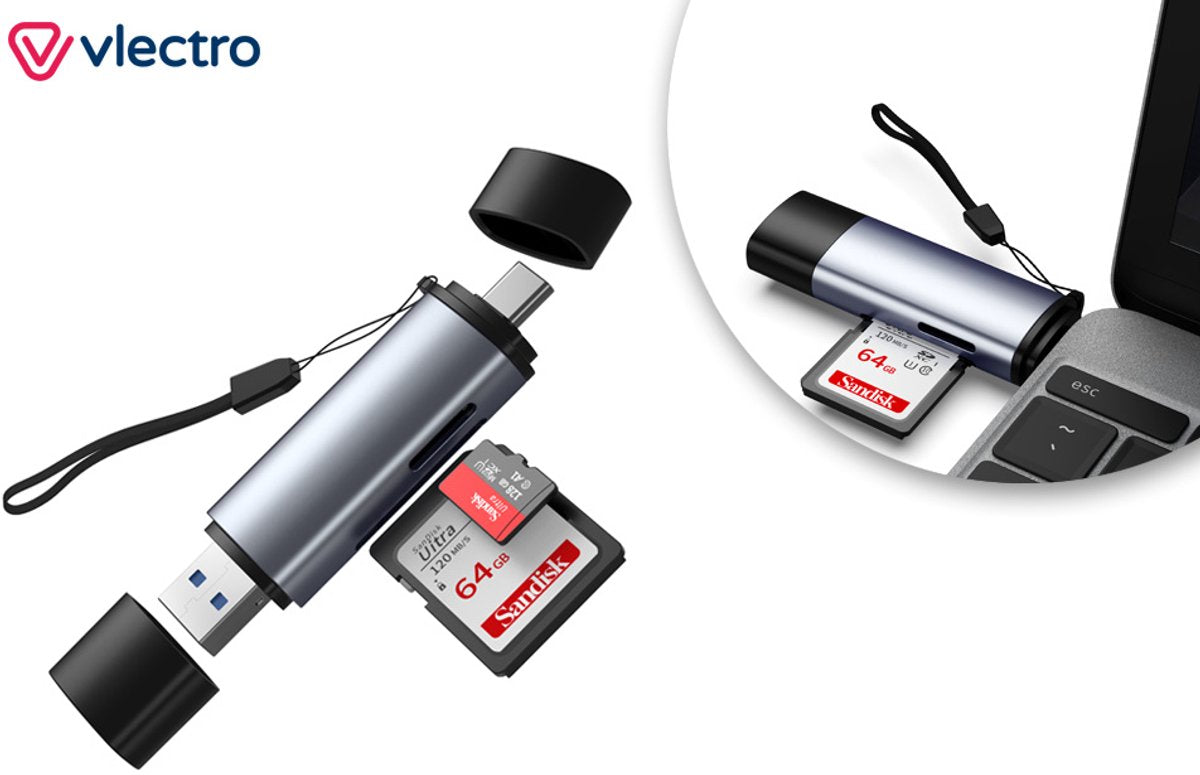 Vlectro Geheugenkaartlezer 6 x 2,5 x 1 cm – Aluminium Grijs – USB-C, USB 3.0 & Micro USB