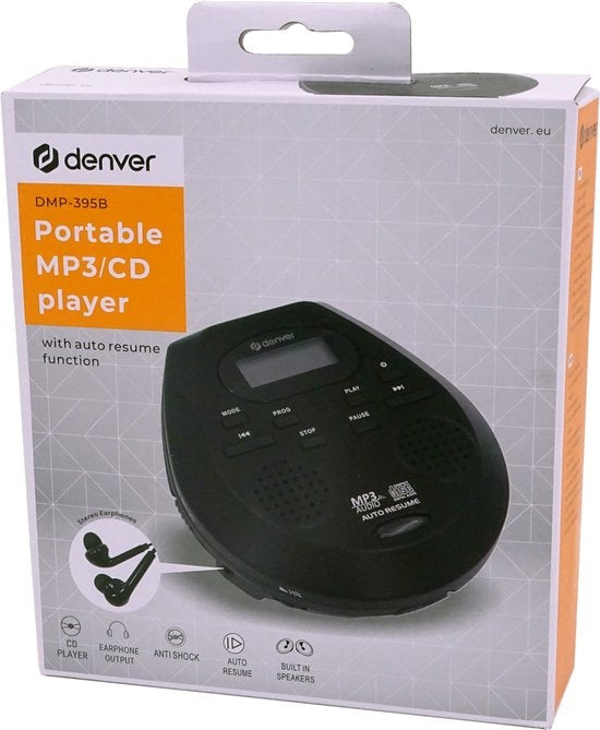 Denver Discman - Draagbare CD & MP3 speler - Anti shock - Ingebouwde speakers - Inclusief Oordopjes - CD, CD-R, CD-RW, MP3 - DMP395