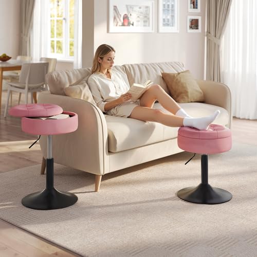 Woltu Make-up Kruk met Opbergruimte - Verstelbare Barstoel 50-66,5 cm - Ronde Zitting - Fluweel Roze