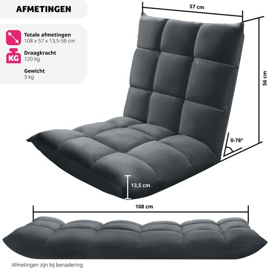 tectake® Relaxstoel - Relaxfauteuil - XXL vloerstoel - Opvouwbaar met ligfunctie - Vloerstoel met verstelbare rugleuning - Te gebruiken als fauteuil, zitkussen, vloerkussen, relaxligstoel of voor meditatie - Grijs