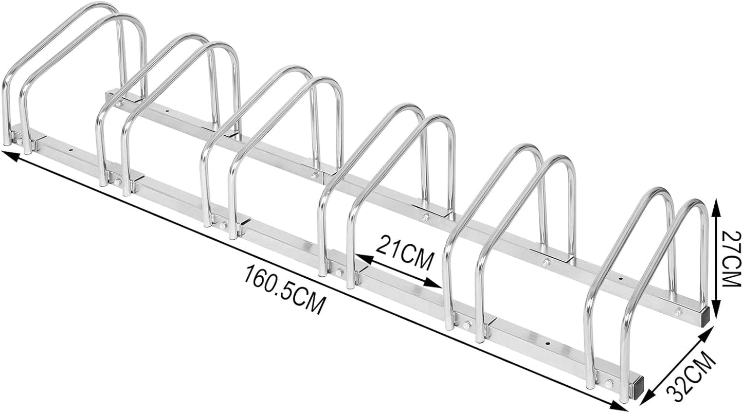 Woltu Fietsenrek voor 6 Fietsen - Vloer- of Wandmontage - Verzinkt Metaal - Zilver - 160,5 x 32 x 27 cm