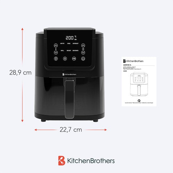 KitchenBrothers Airfryer XL - 5L - 1500W - Heteluchtfriteuse - 60ºC tot 200ºC - Small design - Extra stil - 6 Kookprogramma's - Zwart