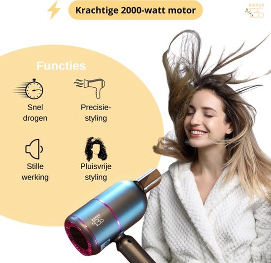 BAESS Föhn met diffuser - Reisföhn Inklapbaar - Ionische Haardroger - 2000W - Coolshot - Krullen - Haarföhn - Hair Dryer - Grijs
