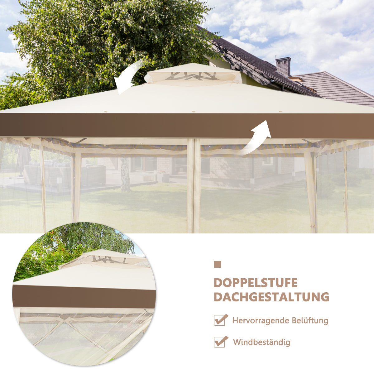 Tuinpaviljoen met 4 zijwanden - Incl. 8 Metalen Haringen en Scheerlijnen -300 x 300 x 265 cm - Beige