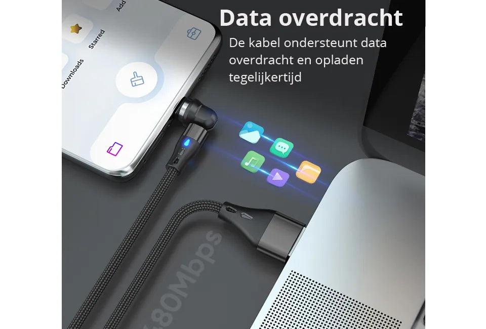 Vlectro Magnetische Oplaadkabel – 540° Roterende Connector – 100 cm – USB-C / iPhone / Micro-USB – LED Indicator – Duurzaam & Universeel