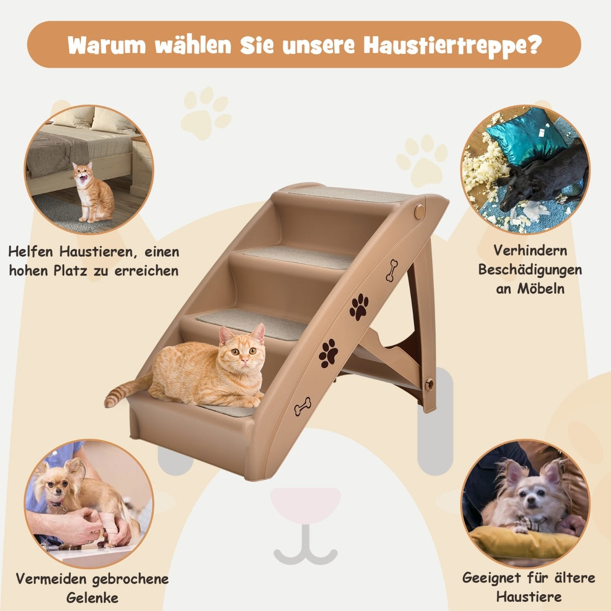 Coast Pet trappen met 4 stappen draagbare klimladder veilig honderd helling 62,5 x 38 x 49 cm bruin