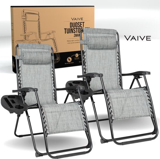 Vaive Luxe Tuinstoelen Duoset - Verstelbare Tuinstoel en Ligstoel - 30°-90° Verstelbaar - Tuin - Metaal - Grijs