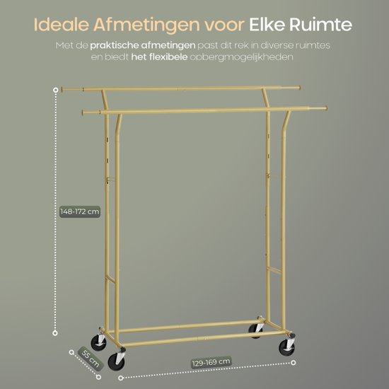 O'DADDY® Kledingrek op wieltjes - Garderoberek - Kledingstang - Verstelbaar en Uitschuifbaar - Industriële Wielen - Metaal - Stabiel tot 110 kg - Goud