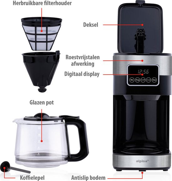 alpina Koffiezetapparaat met Filterkoffie - 900W - 1.5 L - Grijs/Zwart