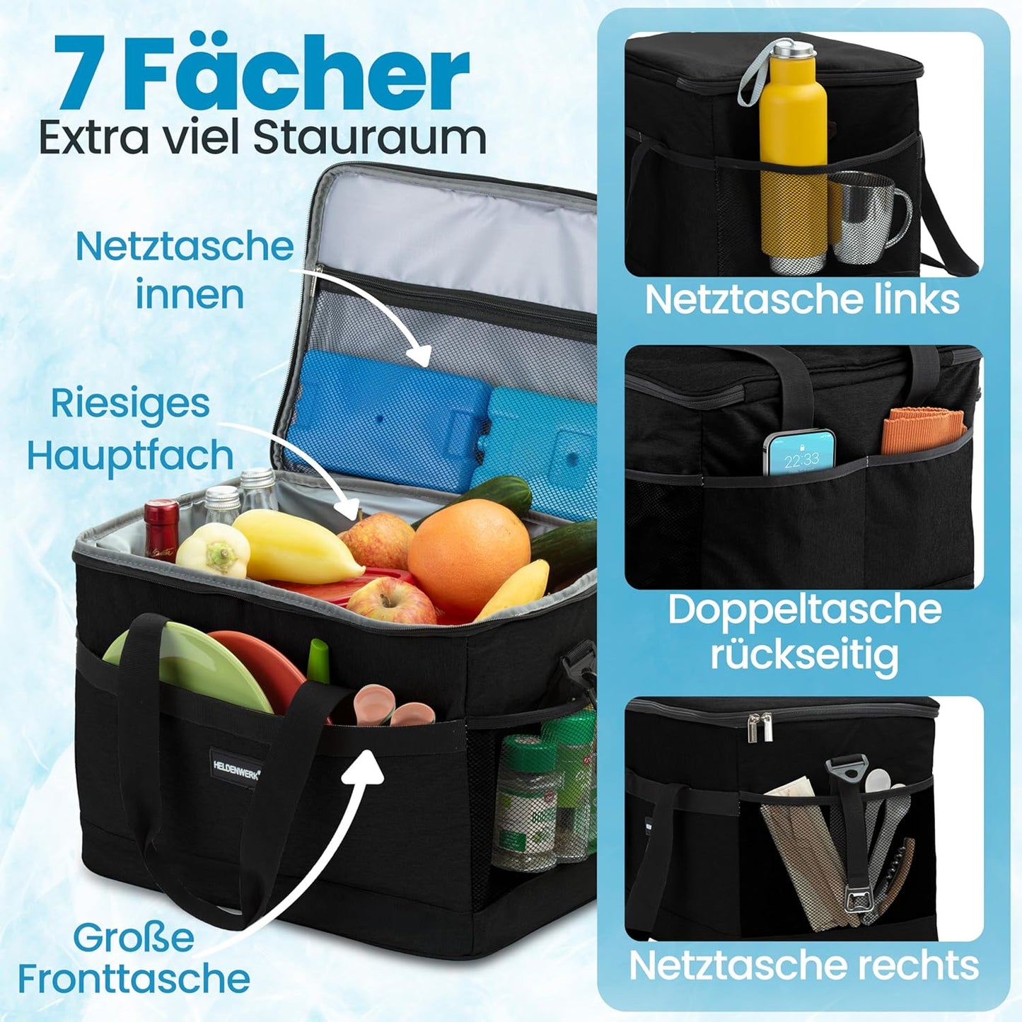 Heldenwerk Koeltas - 30L - 12 uur - 7 compartimenten - Zwart
