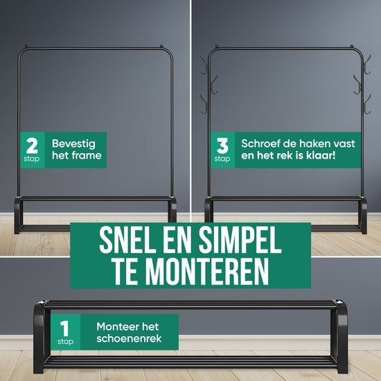 Avalo Industrieel Kledingrek - Metaal - 110x33x150 CM - Zwart - Opbergruimte Voor Schoenen - Garderoberek Met Haken