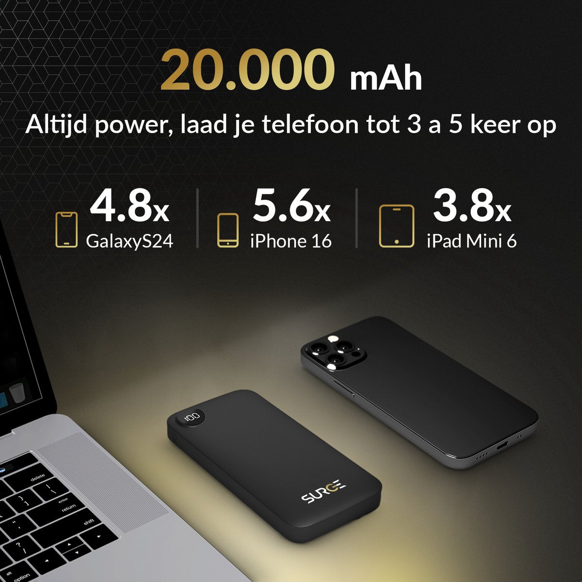 Surge Powerbank 20.000mAh - 22,5W Snellader - 2x USB-C & 1x USB-A - LED Display - Zwart - 14,5 x 6,8 x 2,9 cm