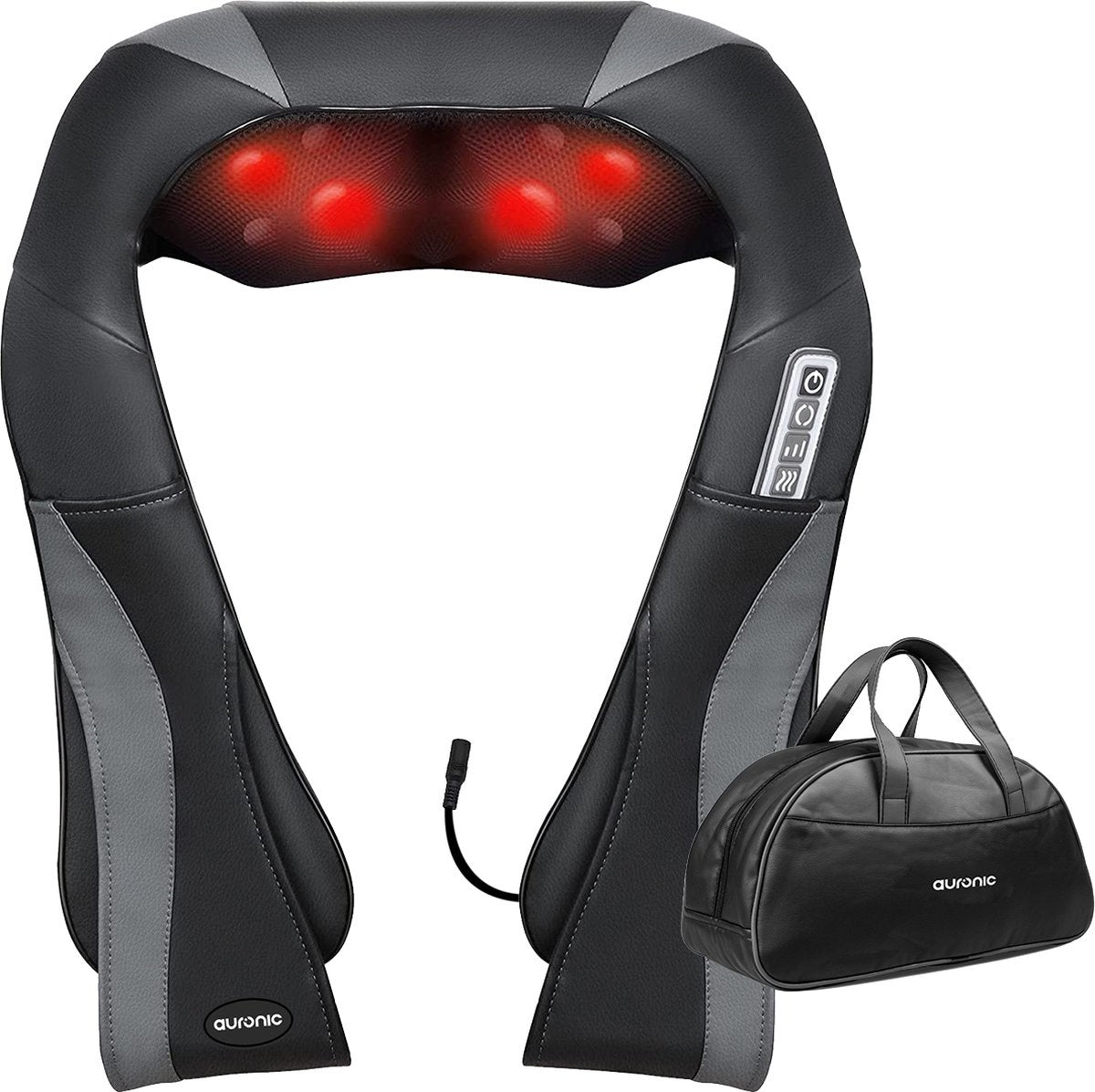 Auronic Shiatsu Massagekussen - Elektrisch Nekmassage Apparaat - Infrarood - Inclusief Draagtas - Zwart/Grijs