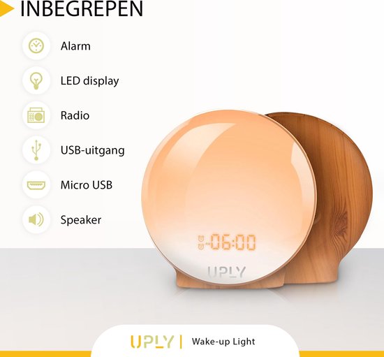 UPLY Wake Up Light - Met USB Oplaadpunt - Licht Wekker - Wekker Radio - 2 Wektijden - 7 Kleuren