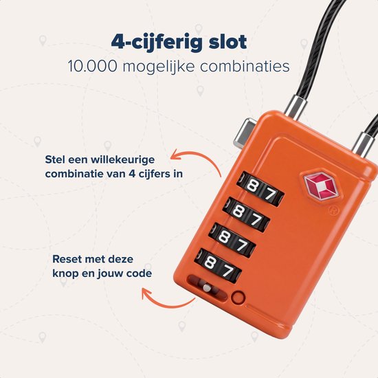 TRVLMORE Kofferslot met Kabel - TSA Gecertificeerd - Alarmfunctie - 4-Cijferig - 2 Stuks - Oranje