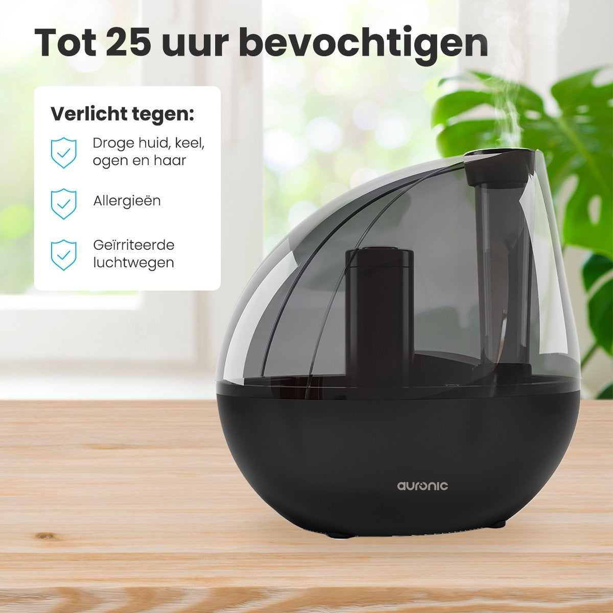 Auronic Luchtbevochtiger - Geschikt voor Babykamer & Slaapkamer - Zwart - Inclusief Waterfilter