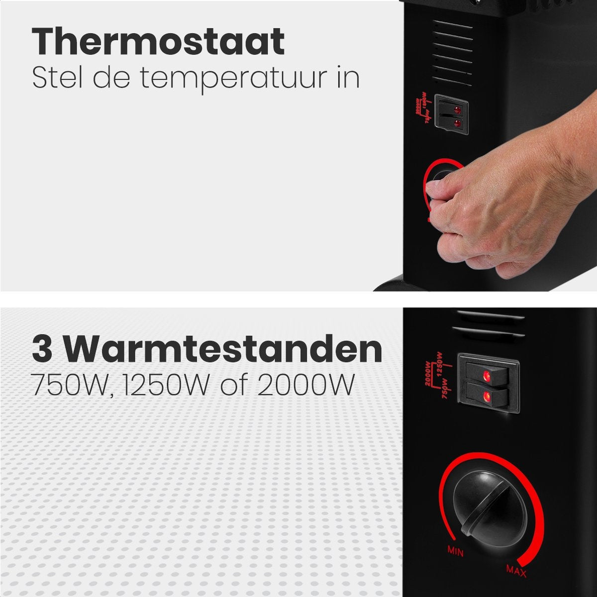 Auronic Elektrische Convectorkachel - 750/1250/2000 Watt - Verstelbare Thermostaat - Zwart