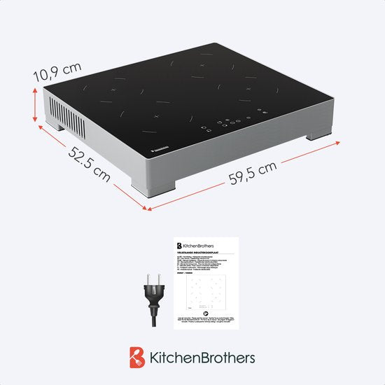 KitchenBrothers Inductie Kookplaat - Vrijstaande Inductieplaat - 60 cm - 4 Zones - 1 Fase - Tot 2400W - Zilver/RVS