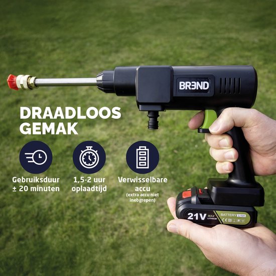 BREND BR-2235 Draadloze Hogedrukreiniger met Accu en Verstelbaar Mondstuk - 3 Sproeipatronen – Aanzuigslang en Fles - Zwart