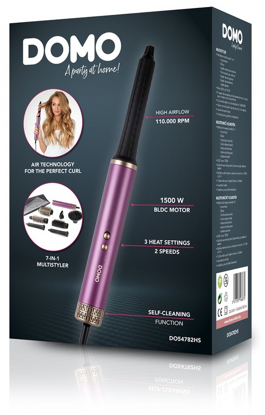 DOMO DO54782HS 7-in-1 Airstyler - Fohnborstel - Multistyler - Krulborstel - Stijlborstel - Fohn met 7 Opzetstukken - Paars/Goud