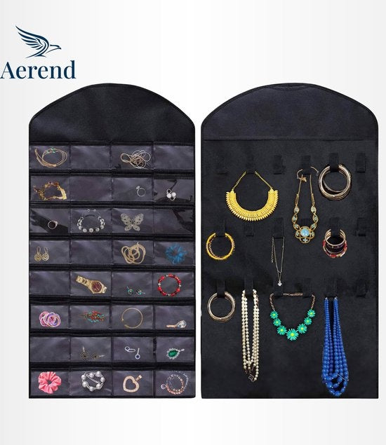 Aerend - Sieraden organizer - Dubbelzijdige hangende en doorzichtige Juwelenstandaard - Opbergaccessoires - Opbergtas boven de deur in zwart - Voor kettingen, oorbellen, zonnebrillen, ringen, Make-up