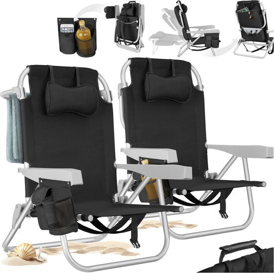 tectake® Strandstoel Coral - Opvouwbare Campingstoel met Koeltas en Opbergtas - 5-voudig Verstelbare Rugleuning met Hoofdkussen - Brede Armleuningen met Bekerhouder / Telefoonhouder - Inklapbare Kampeerstoel - Zwart