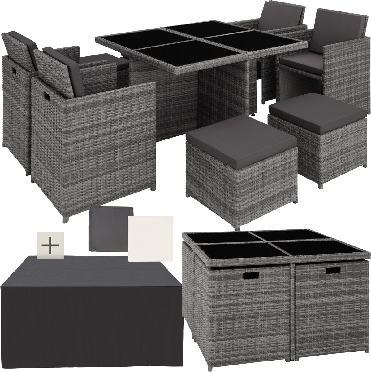 Tectake Wicker Loungeset Manhattan - 4 Stoelen 4 Krukken Tafel - Grijs