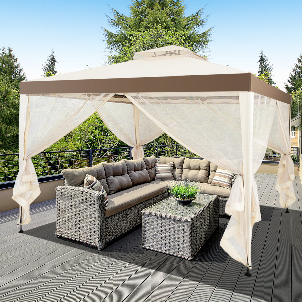 Tuinpaviljoen met 4 zijwanden - Incl. 8 Metalen Haringen en Scheerlijnen -300 x 300 x 265 cm - Beige
