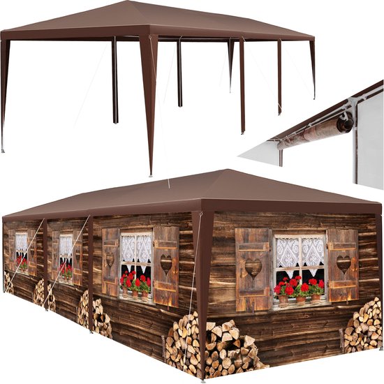tectake® Tuin- of festivalpaviljoen - Feesttent - Almhut-design - Met 6 zijpanelen - Eenvoudig op te zetten partytent voor terras - Evenemententent - 3x9 m