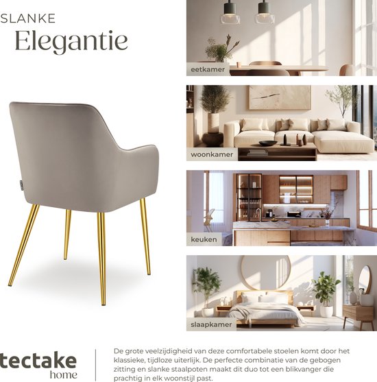 tectake® Eetkamerstoel Avane - Fluweellook - Gestoffeerde stoel met ergonomische armleuningen - Slanke stalen gouden poten - Draagkracht 120 kg - Comfortabele eetkamer- en keukenstoel - Set van 2 - Taupe