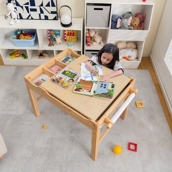Coast 2-in-1 Kindertafel Omkeerbaar Tafelblad – 86,5 x 60 x 57 cm – Natuur/Wit – Speeltafel met Opbergruimte en Papierrol