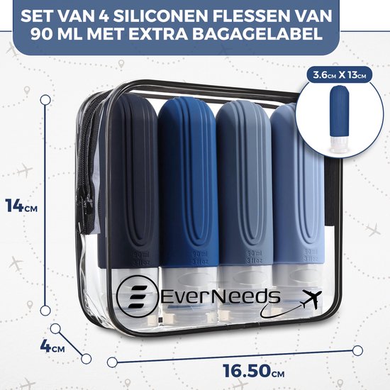 EverNeeds Reisflesjes Met Etui - Navulbaar - Siliconen Reisflesjes Handbagage - Blauw - 4 Stuks