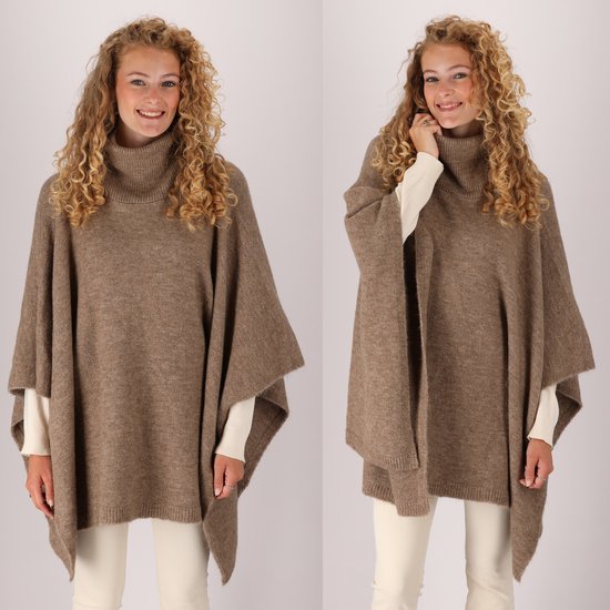 Heat Essentials - Poncho - One Size - Poncho Dames Omslagdoek - Gebreide Dames Poncho met Col - Taupe Melange