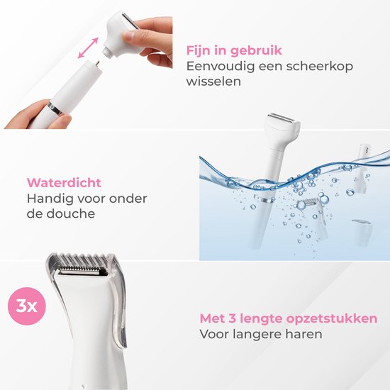 Nuvance - Ladyshave - Ladyshaves voor vrouwen - 4 Opzetstukken - met Wenkbrauw Trimmer - Bikinitrimmer - Scheerapparaat Vrouw - Lady Shave - Wit