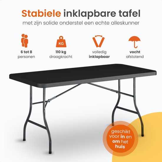 Goliving Inklapbare Tafel – Klaptafel – Campingtafel – Vouwtafel Buiten – Weerbestendig – 180 x 70 x 74 cm – Zwart