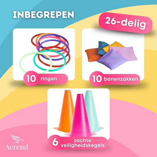 Aerend 3-in-1 Spelset voor Binnen en Buiten - Ringwerpen, Kegelen en Pittenzak Gooien - 26-delig Tuinspel voor Kinderen**